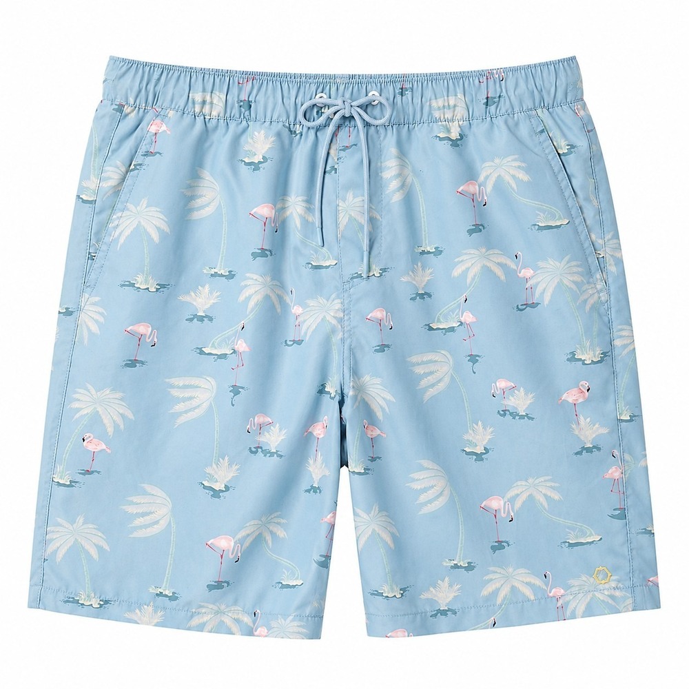 EMPYRE Elastic Waist Swim Trunks Sz M Blue Pink Flamingo Palm Trees Beach Surf
